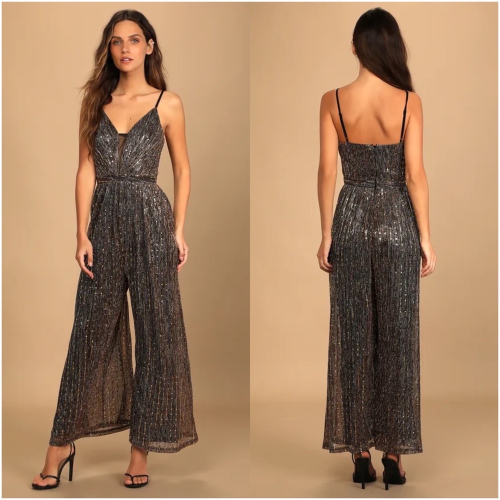 Lulus Disco Party Black Multi Metallic Wide-Leg Jumpsuit